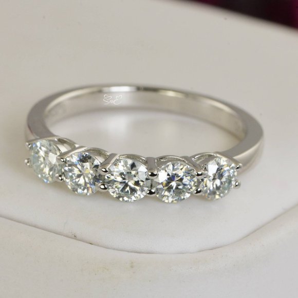 Certified Moissanite Ring .50 ct. Round Brilliant Cut 5 Stone Band Ring - Picture 2 of 7